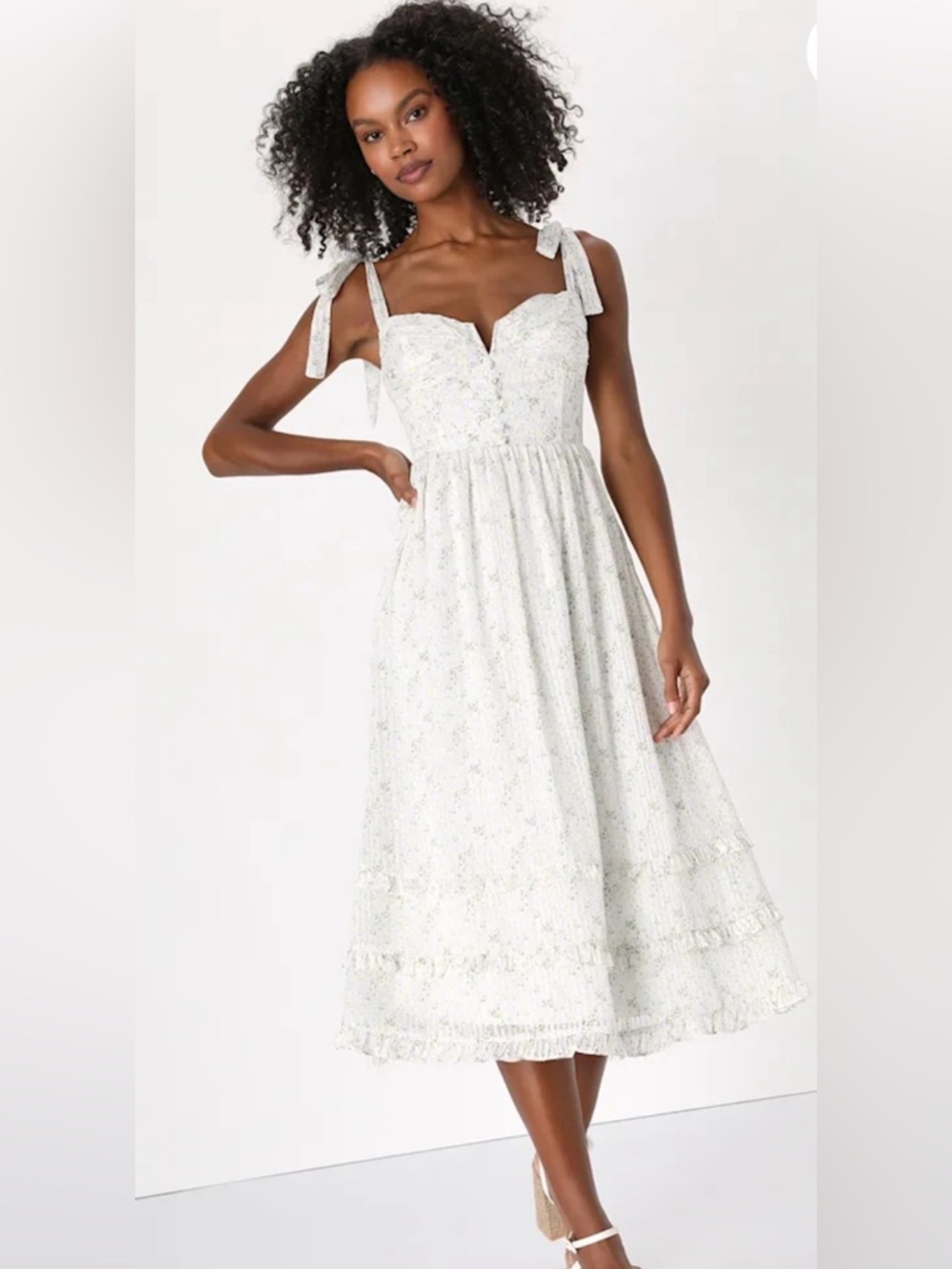 Lovely Entrance Ivory Floral Tiered Tie-Strap Bustier Midi Dress Size Medium